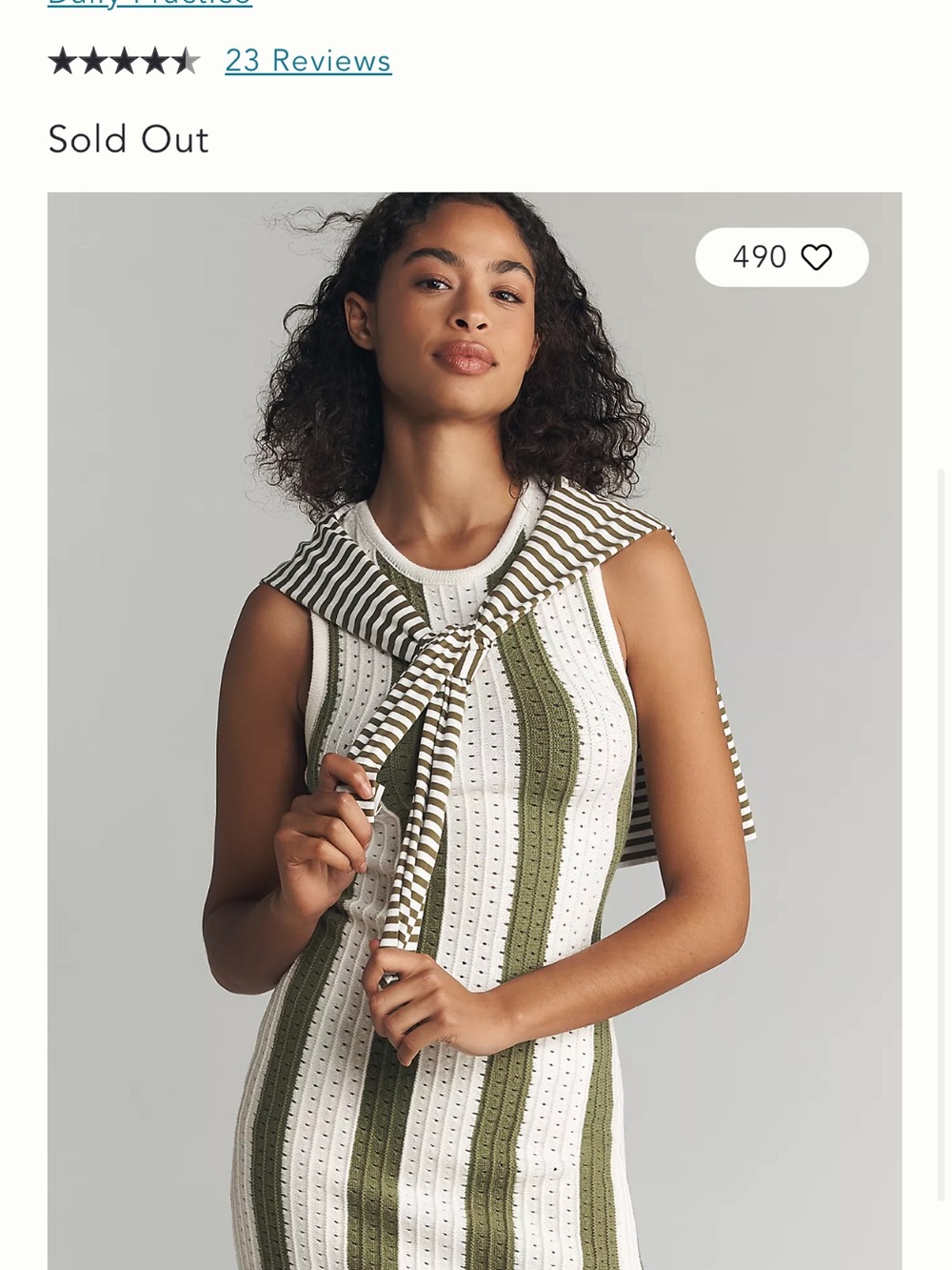 ANTHROPOLOGIE DAILY PRACTICE New Knit Mini Dress Sleeveless Green Striped XXS